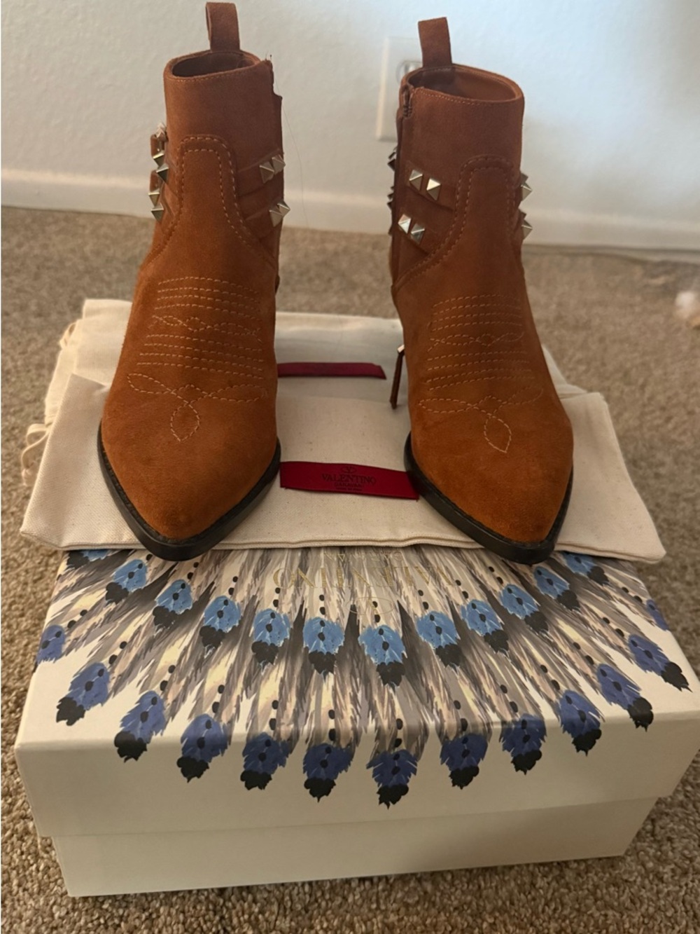 Valentino Garavani Brown Suede Studded Ankle Booties